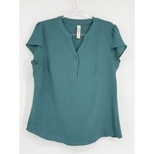 B Aqua Blue Textured V Neck Button Short Sleeve Top Women's Size L